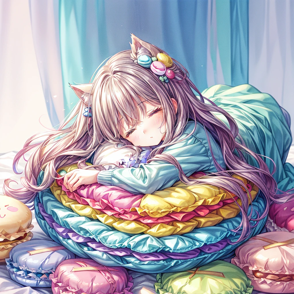 Little、cute、Soft and fluffy、Heartwarming、pastel colour、Sleeping between macarons on a macaron blanket、Rainbow Fractal Art、