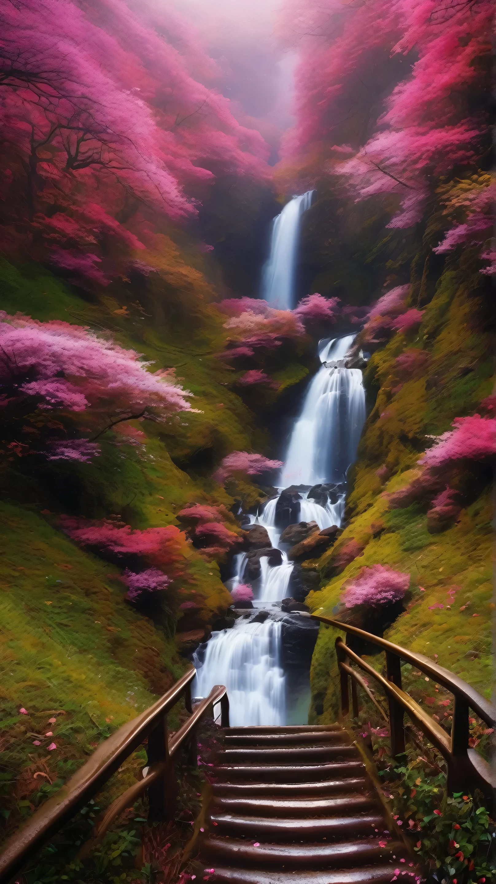A photo taken from a distance of the road leading to the waterfall, The blossoming road leading to heaven, beautiful and mysterious, beautiful feces, Beautiful images ever created, magical landscape, shining swirling fog, really beautiful nature, magical colors and atmosphere, very beautiful、ethereal, course, magical colors and atmosphere, so magical and dreamy, stairway to heaven, awesome wallpaper