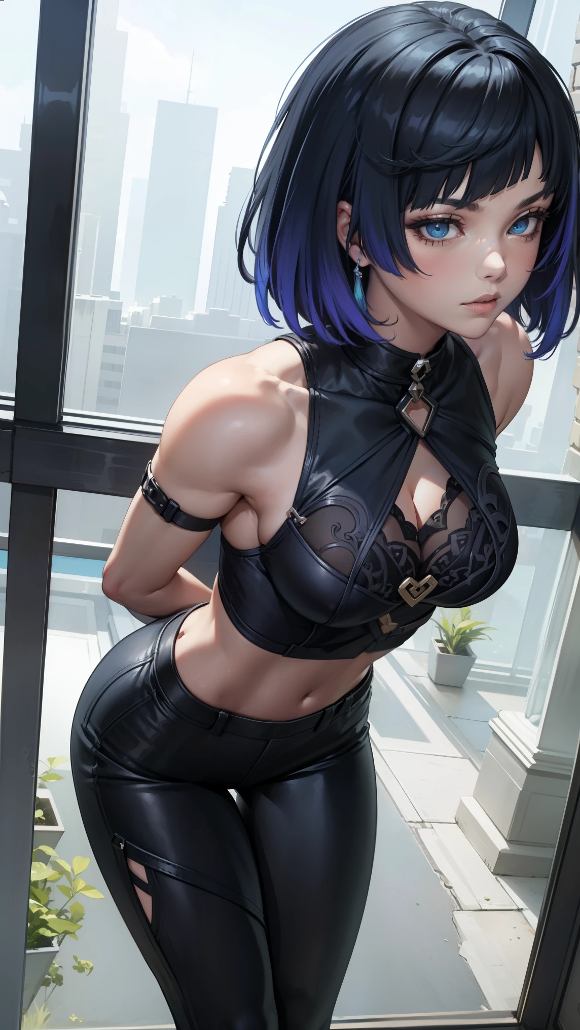 crop top, (gradient hair), black hair, blue hair, short hair, blue eyes, yelendef
BREAK (garterbelt, black fabric, fabric and metal straps, leather straps, embroidery:1.2),
BREAK standing,leaning_forward,arms_behind_back,looking_at_viewer,
BREAK (masterpiece:1.2), best quality, high resolution, unity 8k wallpaper, (illustration:0.8), (beautiful detailed eyes:1.6), extremely detailed face, perfect lighting, extremely detailed CG, (perfect hands, perfect anatomy),