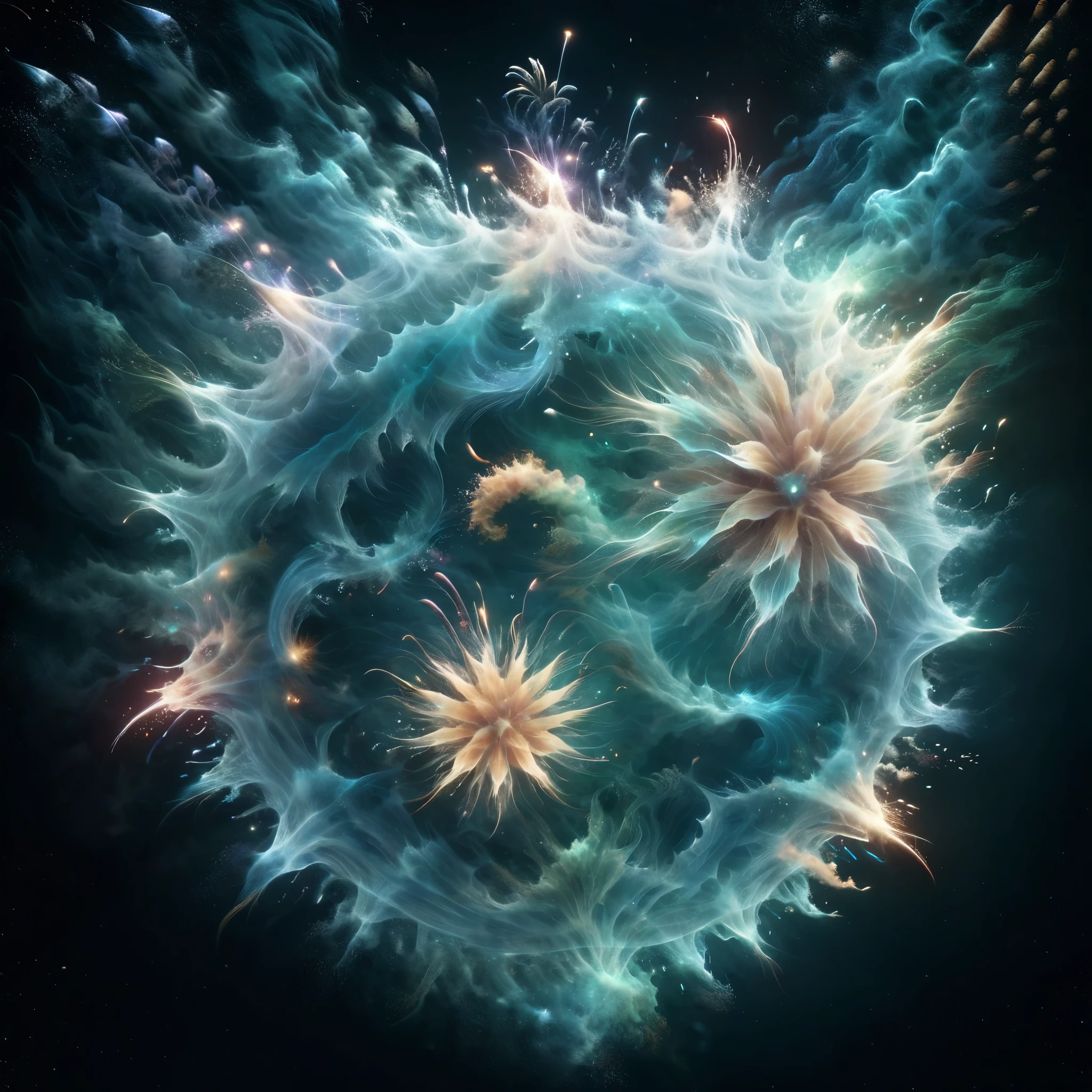 Blend fantasy and reality as 3D fireworks merge with ethereal fractal creatures, symbolizing the sea, illuminating the depths of a luminescent lagoon, their otherworldly glow casting a spellbinding aura over the mystical waters.