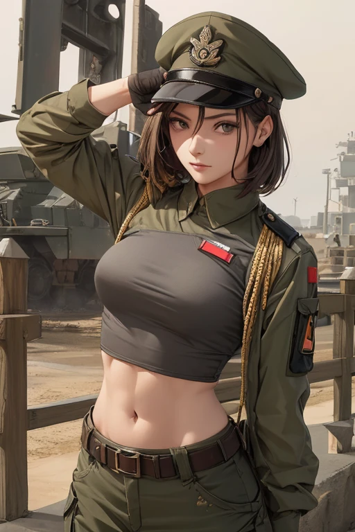 Women in crop top soldier uniform, midriff shirt, soldier hat, military Shirt brooch, exposed abdomen area, very low waist cargo pants, navel piercing , 45 years-old, high ranking , standing,