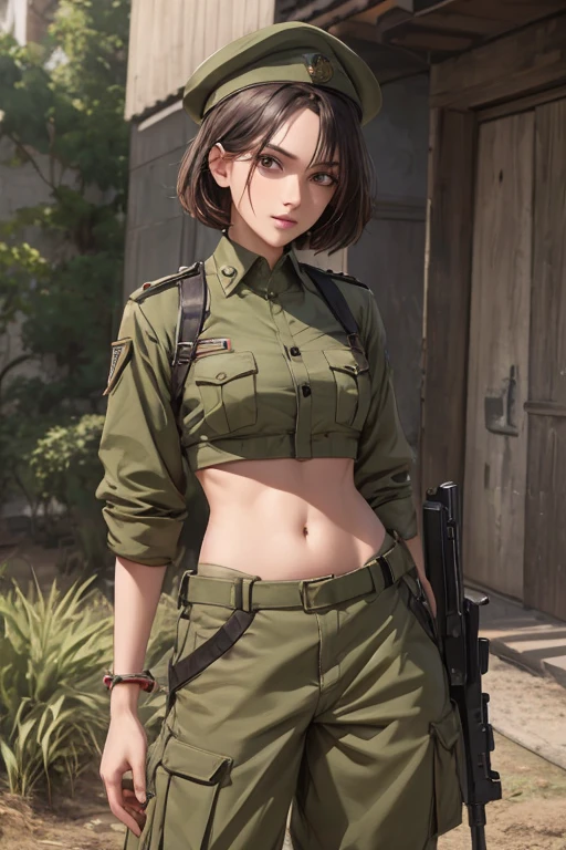 Women in crop top soldier uniform, midriff shirt, soldier hat, military Shirt brooch, exposed abdomen area, very low waist cargo pants, navel piercing , 45 years-old, high ranking , standing,