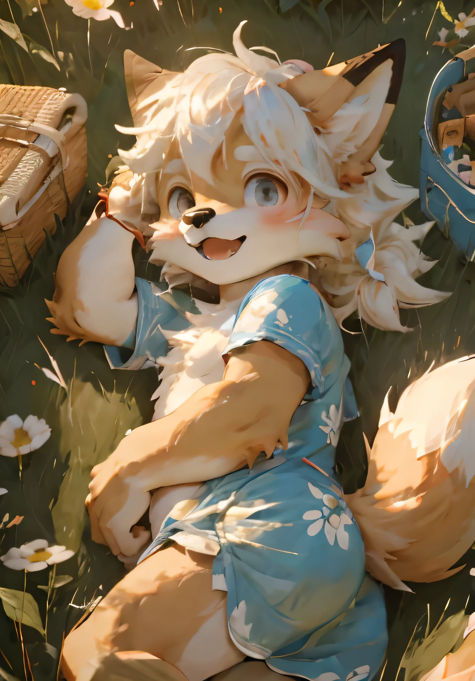 (masterpiece),(Very detailed),(best quality),hairy,fox,Golden fur,white hair,Black pupil,(child),(Naked upper body),((Happy expression)),Forest background,8k,(high quality),(Ultra HD),(Ultra Detailed),Perfect sunshine,(lying on the grass),Naked upper body,(Young child),butt,Dress cutely