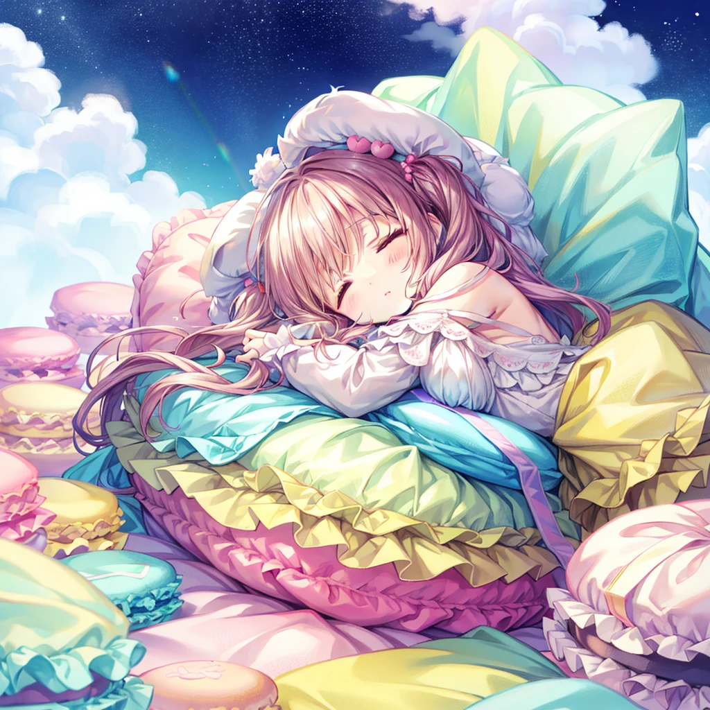 Little、cute、Soft and fluffy、Heartwarming、pastel colour、Sleeping between macarons on a macaron blanket、Rainbow Fractal Art、