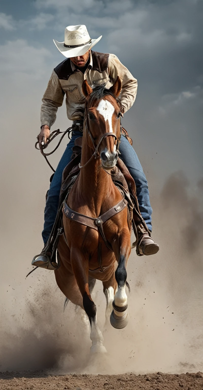masterpiece, very realistic, very detailed, original photo, scene of a cowboy playing a rodeo riding a horse facing the front, the cowboy is wearing a complete cowboy outfit, a white bone hat, the horse is seen going berserk and doing the scene raising his two front legs very The height looks very realistic, full body shot, the cowboy's expression is very happy, the background is in a dusty field, you can see clouds of dust due to the stomping of the horse. full body, frontal, facial details, hand and finger details, very detailed details of the horse raging and raising its legs, background details, 32K ultraHD resolution, HDR, 800mm lens, realistic, hyperrealistic, photography , professional and immersive photography photography, ultra HD, ultra high quality, best quality, HDR photos, focus photos, original photos, ultra sharp, nature photos, masterpieces, award winning, taken with Hasselblad x2D.
