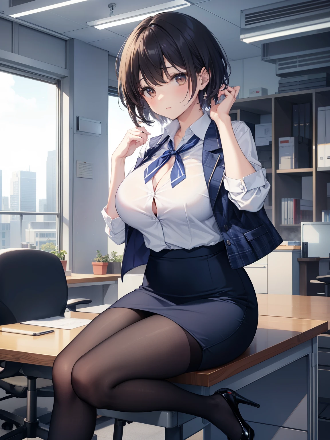 highest quality, Flying debris、Beautiful woman、officeレディー、Black Hair、(Brown eyes、Big Breasts)、short hair、チェック柄のダークブルーのofficeスーツ)、new employee,Full Body Shot、Female office lady、break(Dark blue checked vest、White dress shirt、Navy blue long tight pencil skirt:1.2)、(Black knee-high socks、Absolute area、High heels)、break(office:1.3)、Cleavage、Unbutton your shirt