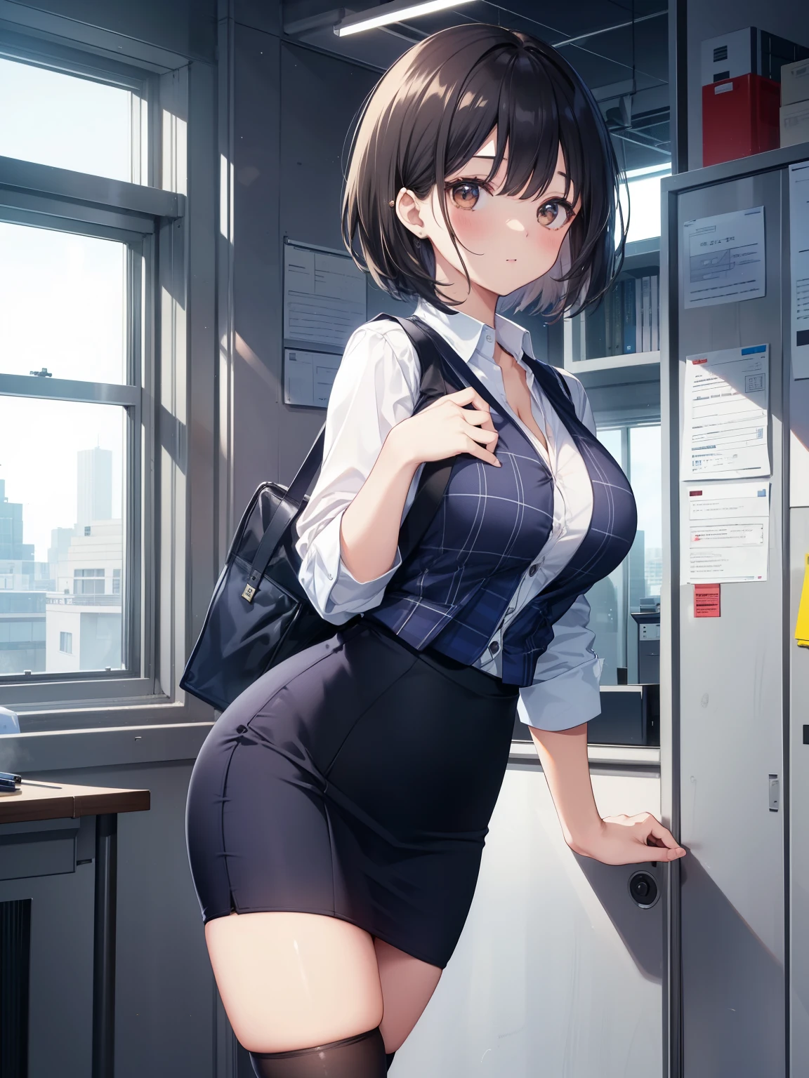 highest quality, Flying debris、Beautiful woman、officeレディー、Black Hair、(Brown eyes、Big Breasts)、short hair、チェック柄のダークブルーのofficeスーツ)、new employee,Full Body Shot、Female office lady、break(Dark blue checked vest、White dress shirt、Navy blue long tight pencil skirt:1.2)、(Black knee-high socks、Absolute area、High heels)、break(office:1.3)、Cleavage、Unbutton your shirt