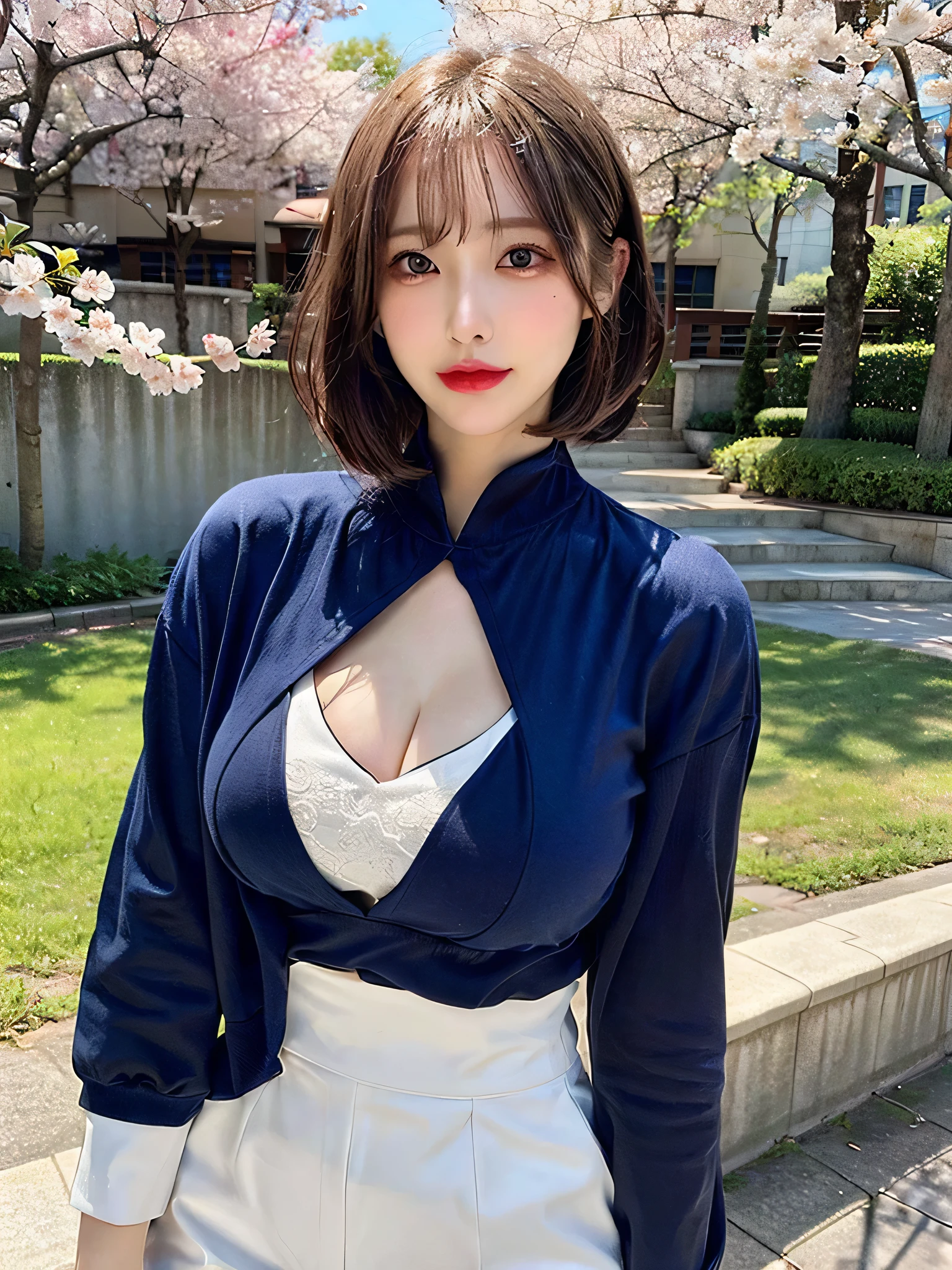 (8k), (best quality), (masterpiece:1.3), (realistic), (photorealistic:1.36),(adult face:1.2), (large_breasts:1.3),mole under eye,short cut hair,Dimples,cherry blossoms,from the thighs up,sexy cos,