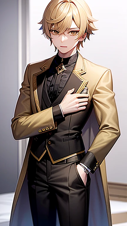 Aether from Genshin Impact. Golden Eyes. Short Blonde Hair. 1boy. black vest and blazer. Victorean Style.
