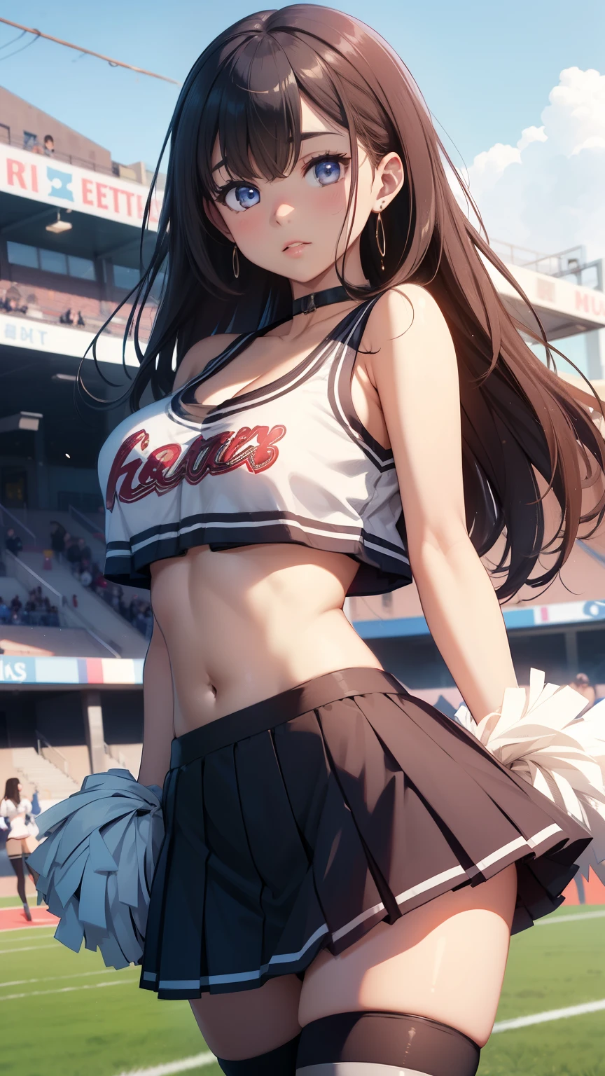 (ultra detailed eyes), (ultra detailed face),high quality, best image quality, masterpiece, teenage girl, 18 years old, very cute and beautiful cheerleader girl is dancing, dynamic pose, soft wavy hair, black hair, (smile:1.2), medium breast, (red tops with logo:1.3), (miniskirt:1.3), (panties), Armpits, Navel, thighs, Bare shoulders, Bare arms, Natural lighting, Hair fluttering in the wind, Beautiful detailed sky, stadium, ((Finest quality)), ultra high resolution, ultra-detailliert, Meticulous portrayal, ((Best Anime)),