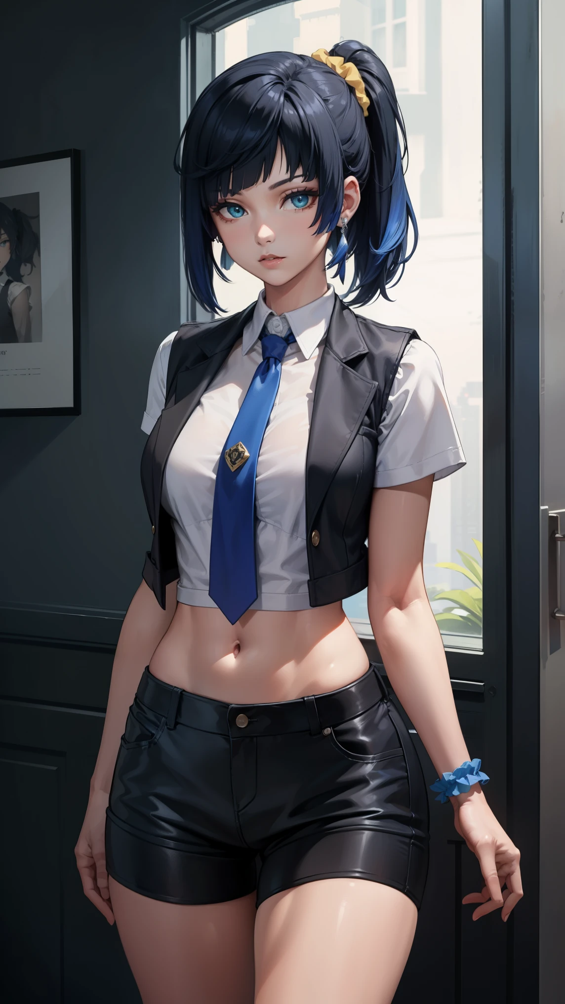 crop top, (gradient hair), black hair, blue hair, short hair, blue eyes, yelendef
BREAK (brown vest, shirt, hair ornament, , white shirt, ponytail, short sleeves, necktie, scrunchie, red necktie:1.2),
BREAK standing,leaning_forward,arms_behind_back,looking_at_viewer,
BREAK (masterpiece:1.2), best quality, high resolution, unity 8k wallpaper, (illustration:0.8), (beautiful detailed eyes:1.6), extremely detailed face, perfect lighting, extremely detailed CG, (perfect hands, perfect anatomy),