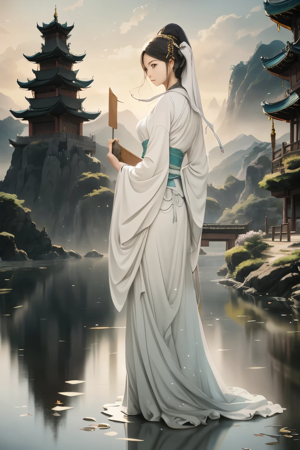 Alawid women sitting on a raft in the mountains, Ross Chen. Landscape background, Style by Raphael Lacoste, Beautiful concept art, Chinese Fantasy, Land floating in the clouds, author:Yang Jie, author:Raphael Lacoste, Beautiful anime scene, Ross Tran and Michael Whelan, author:Li Song, Anime beautiful peaceful scene, Inspired by Raphael Lacoste