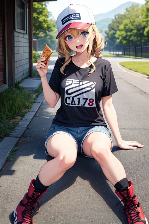 Anime Art、Full body portrait、Shadowrun、Future SF delivery guy、A woman, about 170cm tall and about 38 years old, wearing a T-shirt, jacket and shorts, is sitting in a pickup truck and eating pizza.、Short, medium length, curly blonde hair、Laughing with mouth open、Blue Eyes、Wearing a cap cap、sports boots、There are drones flying around