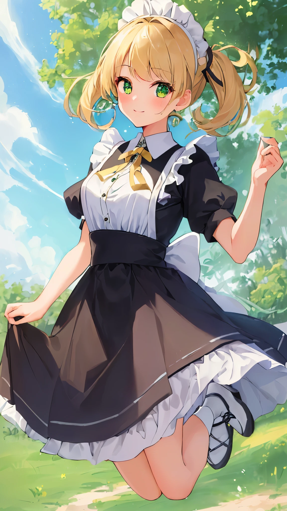 (((masterpiece, highest quality, High resolution,8k))),(((beautiful girl))),whole body,green eye,Two knots,low twin tail,medium breasts:1.5,medium hair,Classical Maid,long dress,maxi dress,(((kirara jump))),close eye,smile