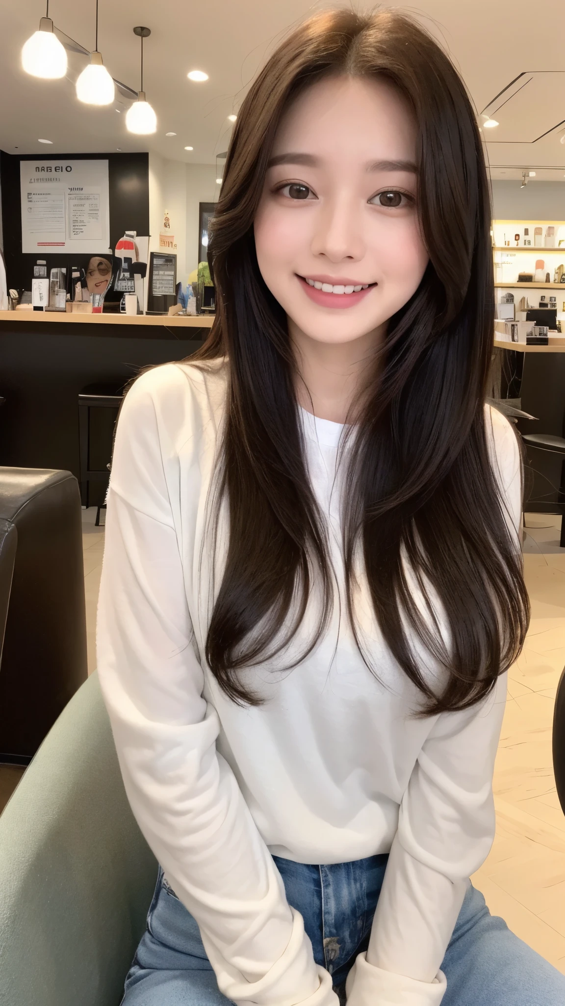 22 year old girl, con ojos grises, piel blanca palida, figura delgada, sonriendo, pelo color cafe, en tokio de moda, foto tomada con camara profesional ultrarealista