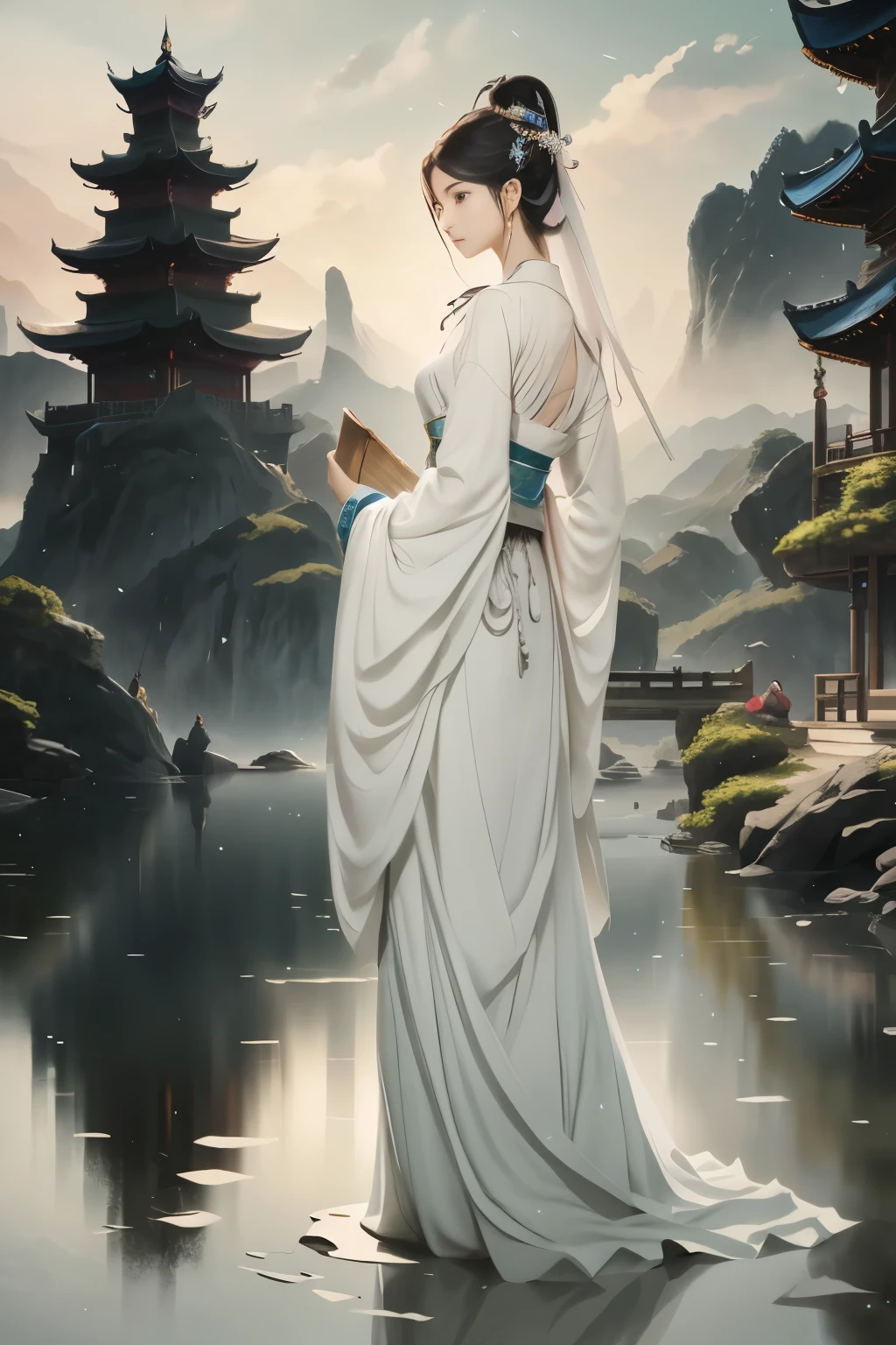 Alawid women sitting on a raft in the mountains, Ross Chen. Landscape background, Style by Raphael Lacoste, Beautiful concept art, Chinese Fantasy, Land floating in the clouds, author:Yang Jie, author:Raphael Lacoste, Beautiful anime scene, Ross Tran and Michael Whelan, author:Li Song, Anime beautiful peaceful scene, Inspired by Raphael Lacoste