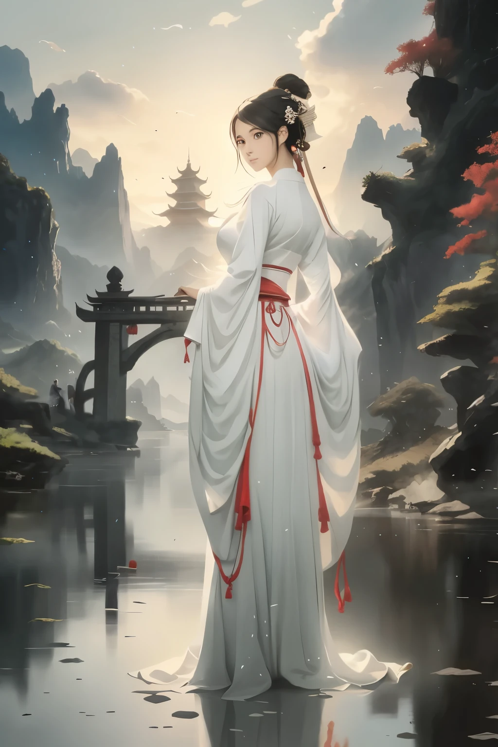 Alawid women sitting on a raft in the mountains, Ross Chen. Landscape background, Style by Raphael Lacoste, Beautiful concept art, Chinese Fantasy, Land floating in the clouds, author:Yang Jie, author:Raphael Lacoste, Beautiful anime scene, Ross Tran and Michael Whelan, author:Li Song, Anime beautiful peaceful scene, Inspired by Raphael Lacoste