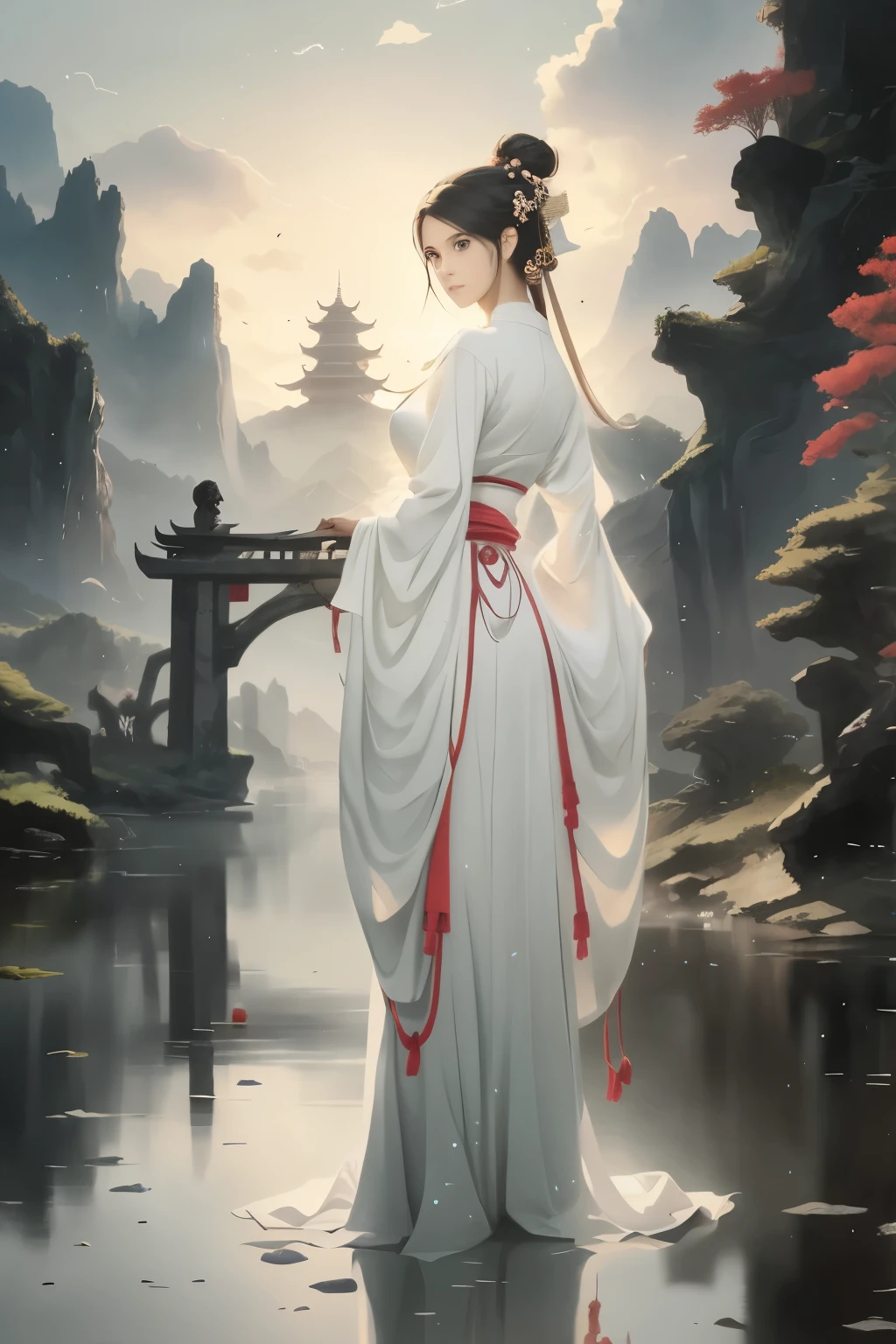 Alawid women sitting on a raft in the mountains, Ross Chen. Landscape background, Style by Raphael Lacoste, Beautiful concept art, Chinese Fantasy, Land floating in the clouds, author:Yang Jie, author:Raphael Lacoste, Beautiful anime scene, Ross Tran and Michael Whelan, author:Li Song, Anime beautiful peaceful scene, Inspired by Raphael Lacoste