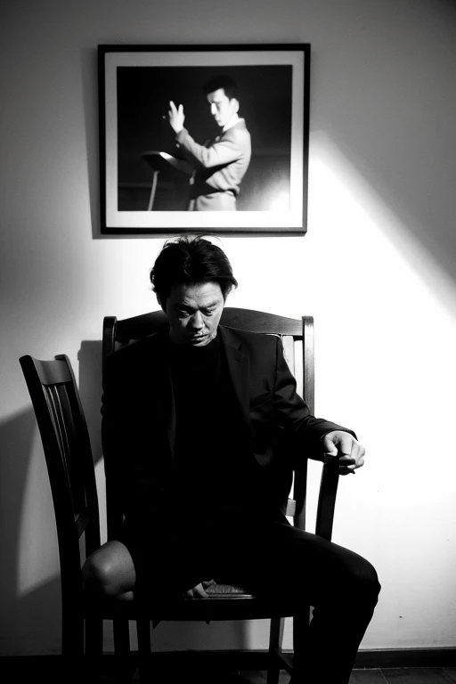 A dark silhouette of a man sleeping on a chair in the gallery，Shanghai，Black and White，80&#39;s
