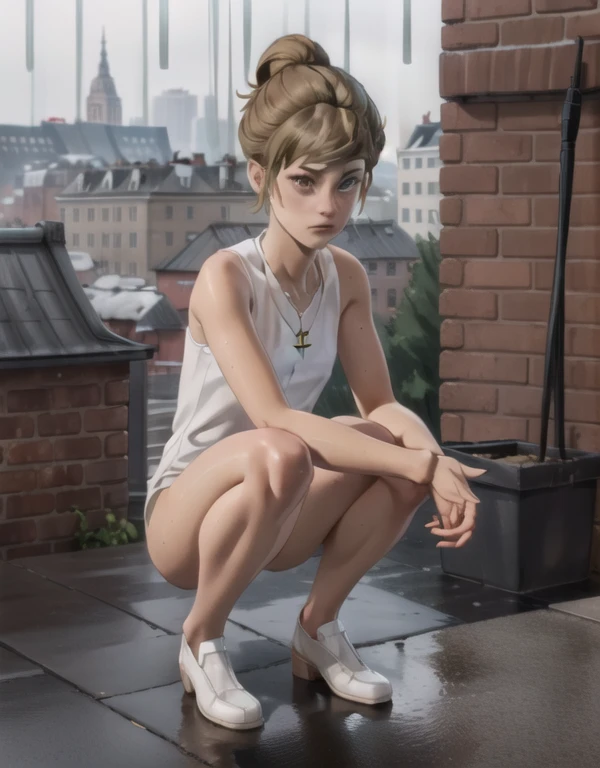 (highres, best quality:1.3), kat3LIS, dark blonde hair, hair bun, hazel eyes, 1girl, cross necklace, raining, wet skin, front view, squatting, rooftop, tall red brick building, private school, oregon, nude body, skinny body, small breasts, skinny legs, tiny hips, pussy, spread legs, naked, 