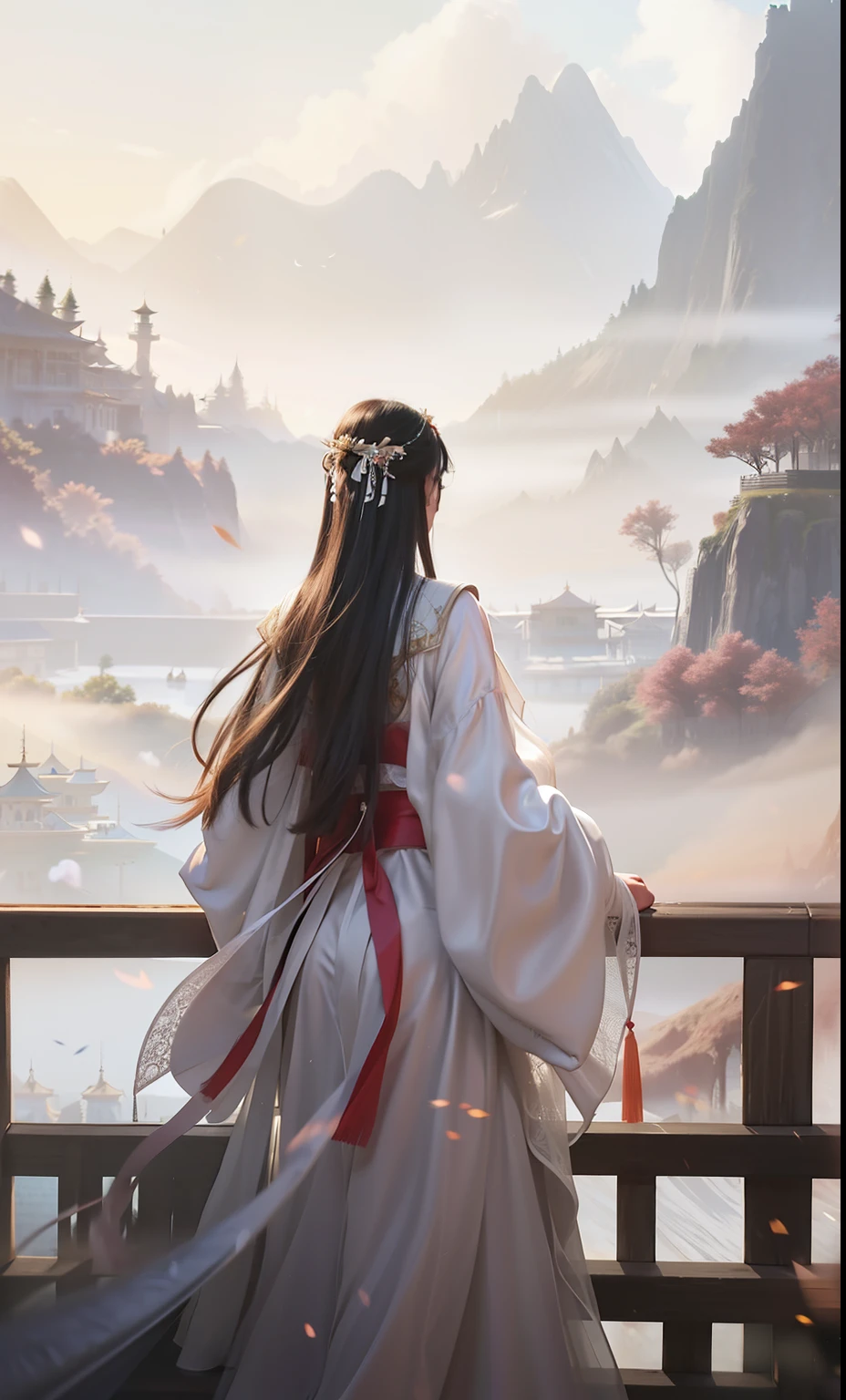 Anime girl in white dress looking out over the mountains, palace ， Girl wearing Hanfu, Long flowing hair and robes, author：Yang Jie, Beautiful character painting, Ross Chen. Landscape background, Flowing white robe, Chinese Fantasy, alice x. open, Fantasy art style, White Hanfu, Guviz-style artwork