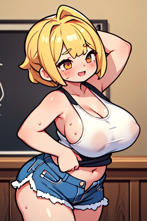 Attention to detail, Ultra-realistic、Volumetric Shadows, Very detailed,Tank top、Koreangirl、Hurrah!、Stretching、high school student、Squint your eyes、Bob Hair、Blonde、A big smile、piece、Provocative、side、Slut、Sweat、Shiny skin、Dirty clothes、Wrinkles in clothes、dirty、Skin blemishes、greasy、Hair、mole、beautiful girl、Beautiful girl、whole body、Plump、Chubby、Huge breasts、Sexy、Climax