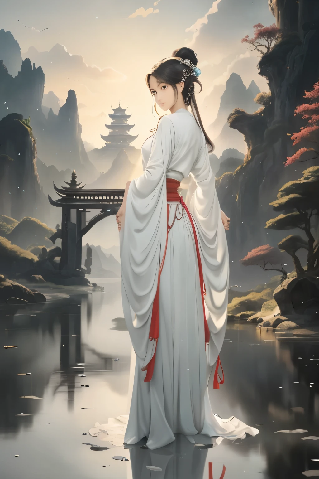 Alawid women sitting on a raft in the mountains, Ross Chen. Landscape background, Style by Raphael Lacoste, Beautiful concept art, Chinese Fantasy, Land floating in the clouds, author:Yang Jie, author:Raphael Lacoste, Beautiful anime scene, Ross Tran and Michael Whelan, author:Li Song, Anime beautiful peaceful scene, Inspired by Raphael Lacoste