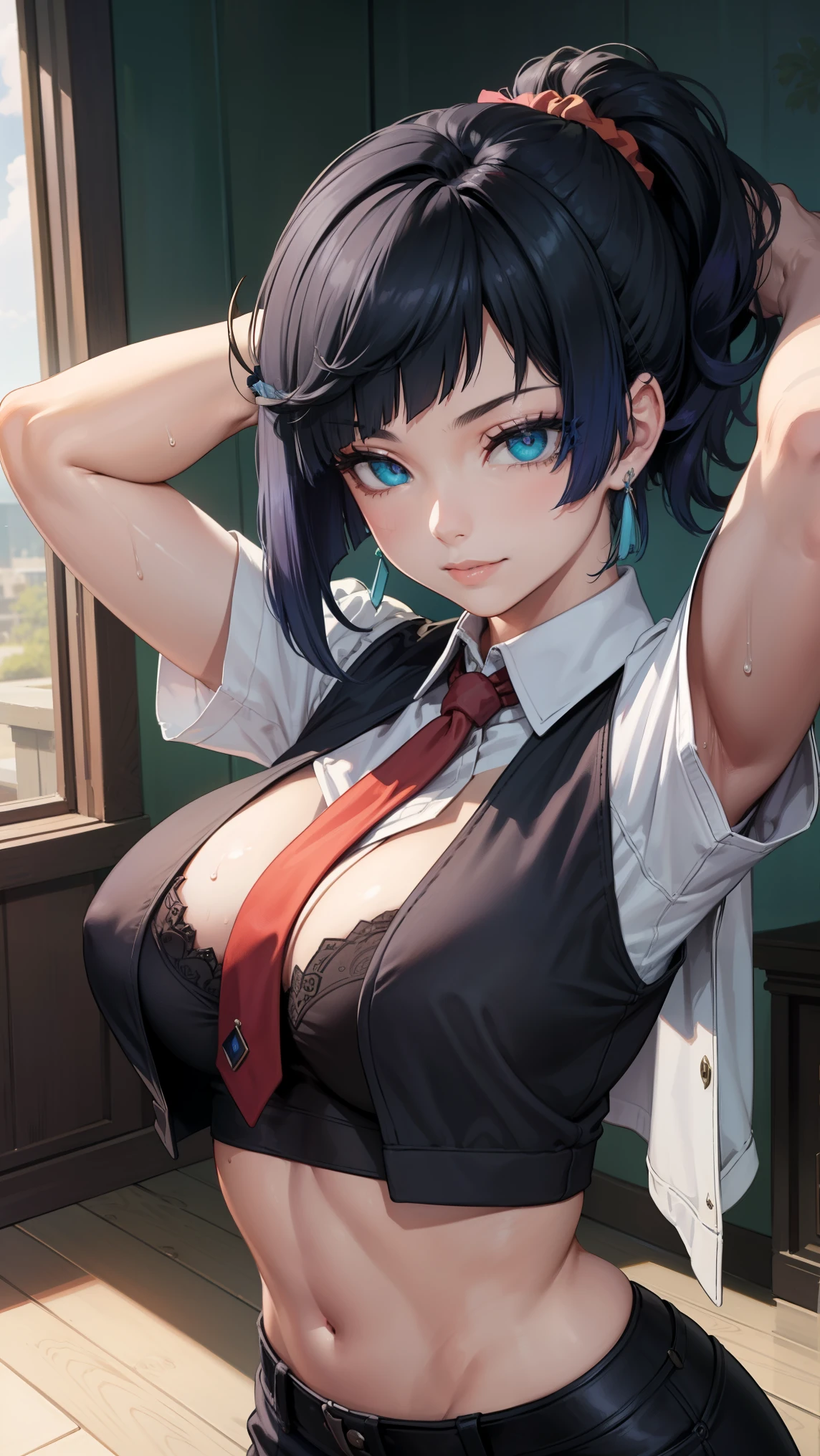 crop top, (gradient hair), black hair, blue hair, short hair, blue eyes, yelendef
BREAK (brown vest, shirt, hair ornament, , white shirt, ponytail, short sleeves, necktie, scrunchie, red necktie:1.2),
BREAK curvy body, facing viewer, sweaty, gorgeous, arms up, straddling, smiling, ((arm warmer)),
BREAK (masterpiece:1.2), best quality, high resolution, unity 8k wallpaper, (illustration:0.8), (beautiful detailed eyes:1.6), extremely detailed face, perfect lighting, extremely detailed CG, (perfect hands, perfect anatomy),