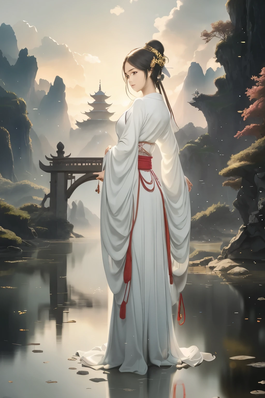 Alawid women sitting on a raft in the mountains, Ross Chen. Landscape background, Style by Raphael Lacoste, Beautiful concept art, Chinese Fantasy, Land floating in the clouds, author:Yang Jie, author:Raphael Lacoste, Beautiful anime scene, Ross Tran and Michael Whelan, author:Li Song, Anime beautiful peaceful scene, Inspired by Raphael Lacoste