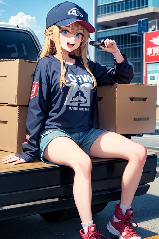 Anime Art、Full body portrait、Shadowrun、Future SF delivery guy、A woman, about 170cm tall, around 38 years old, wearing a T-shirt, jacket and shorts, sitting on top of a pickup truck and eating pizza.、Short, medium length, curly blonde hair、Laughing with mouth open、Blue Eyes、Wearing a cap cap、sports boots、There are drones flying around