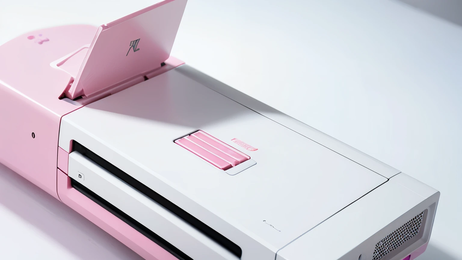 there is a white and pink nintendo wii game system, close up shot from the side, the console is tall and imposing, pastelwave, vibrant and dynamic, handheld, front angle, front side views full, kano), mid-view, slick design, vivy, aokan, close-up shot taken from behind, cinematic front shot, on ps5