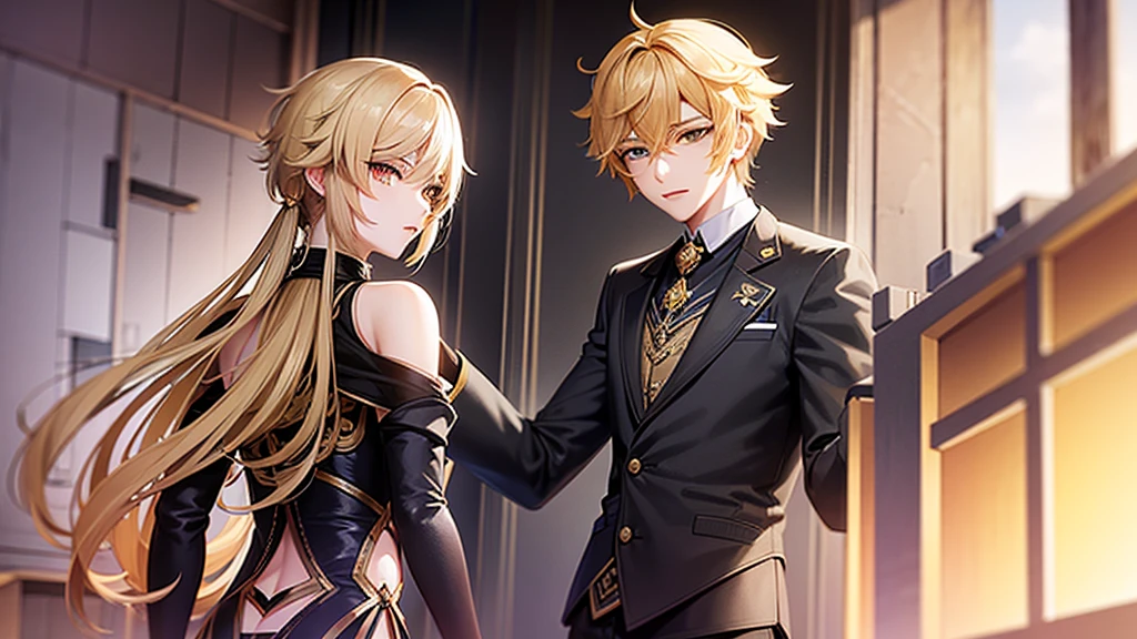 Aether from Genshin Impact. Golden Eyes. Short  Blonde Hair. 1male. black vest and blazer.
