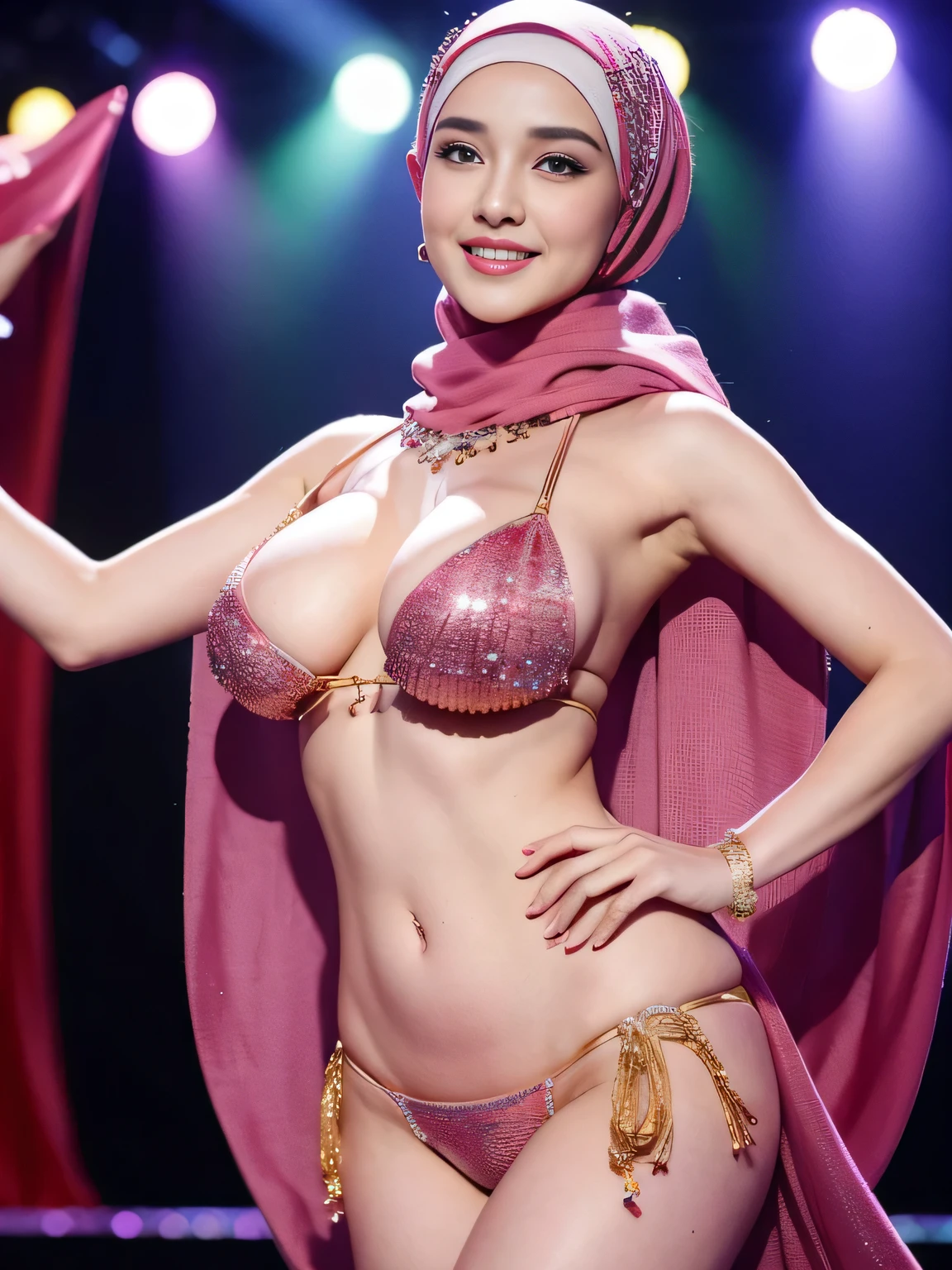 A beauty Arabian model woman with hijab on the stage, big breast, belly dancer , solo, smile, cleavage,