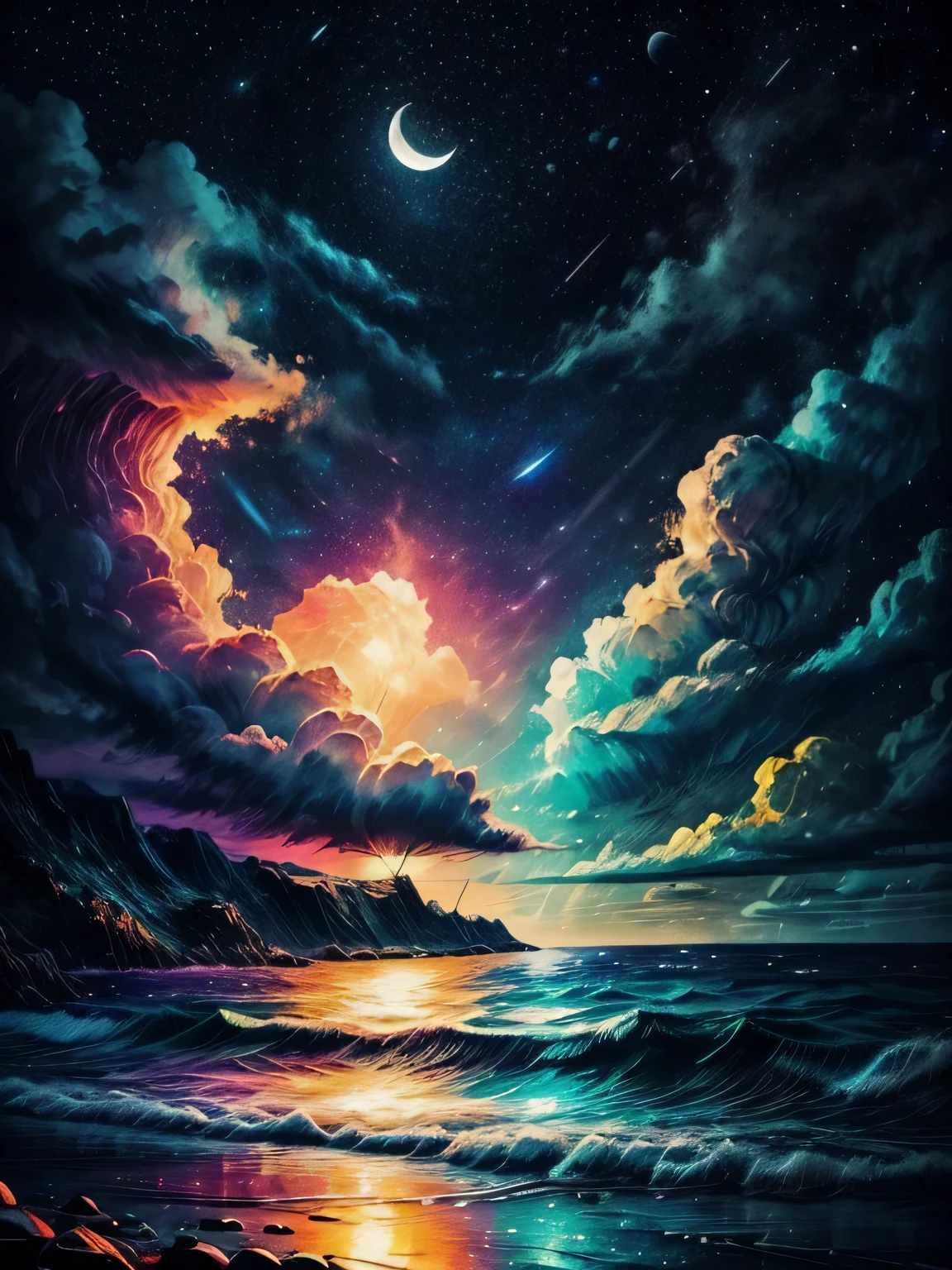 neon light art, in the dark of night, moonlit seas, clouds, moon, stars, colorful, detailed, 4k