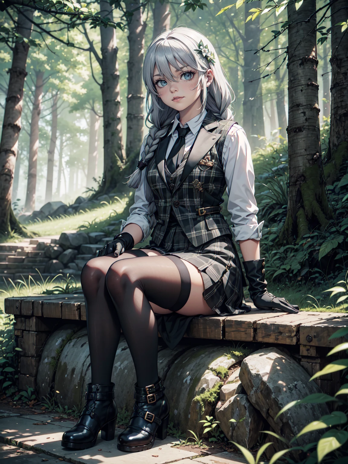 Ultra High Definition, Ultra High Quality, Hyper Definition, Hyper Quality, Hyper Detailed, Extremely Detailed, Perfectly Detailed, 8k, 1 Anime Female, Long Silver Hair with Small Braids, Black Luxury Vest, Grey Plaid Skirt, Dark Boots On Heels, Black Tights, Gloves, Solid Green Eyes, Smirking Expressio, Sitting, White Flower Barrette, Dressed in school , Forest Panoramic Background