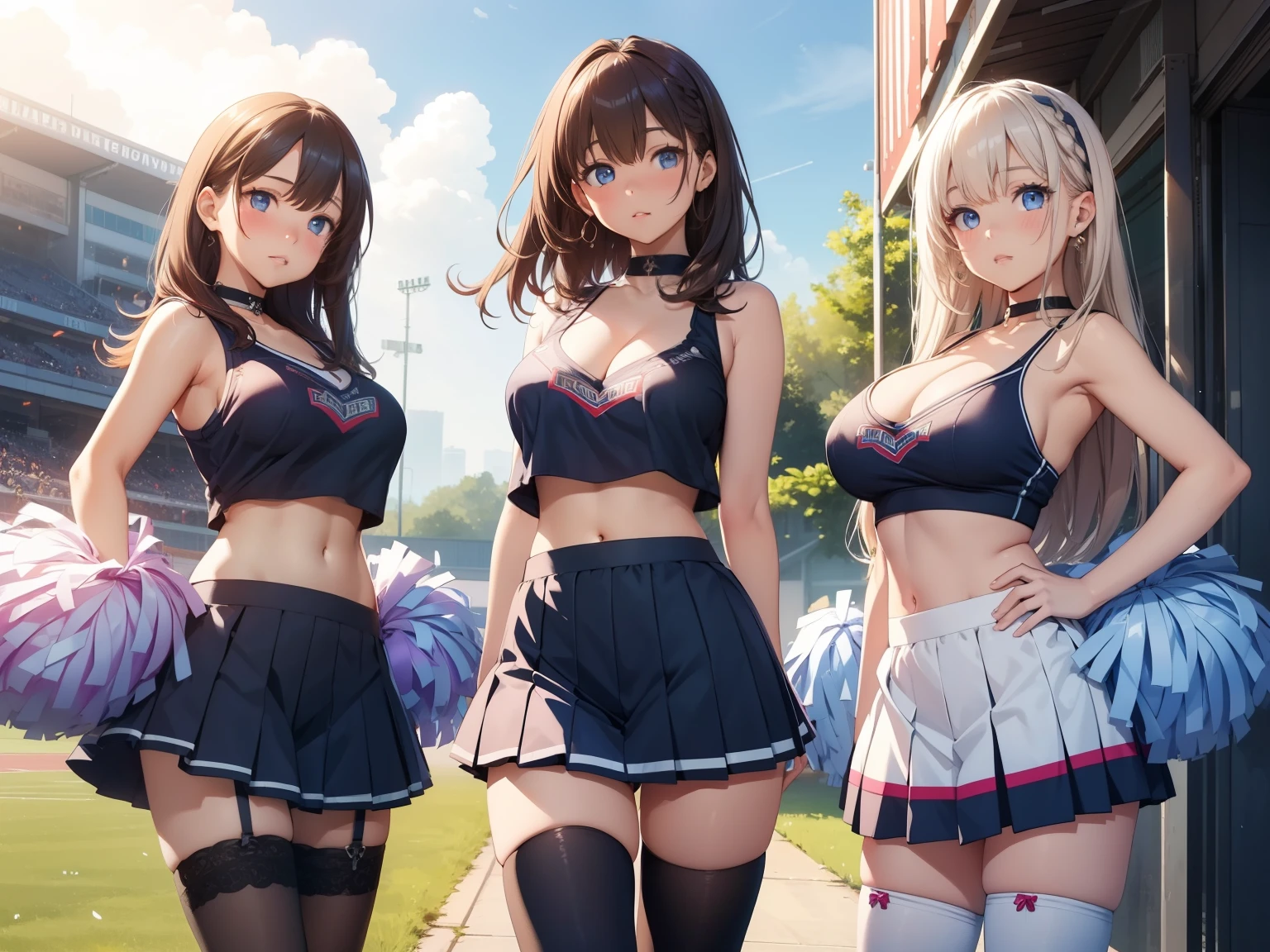 3girls, (multiple girls) highly detailed, best quality, illustration, game cg, perfect anatomy, beautiful cute face girl, beautiful hair, beautiful detailed eyes, choker, (cheerleader), midriff, school field, natural lighting, aichan, white thigh highs, sleeveless, cheerleading, large breasts, glossy lips, cleavage