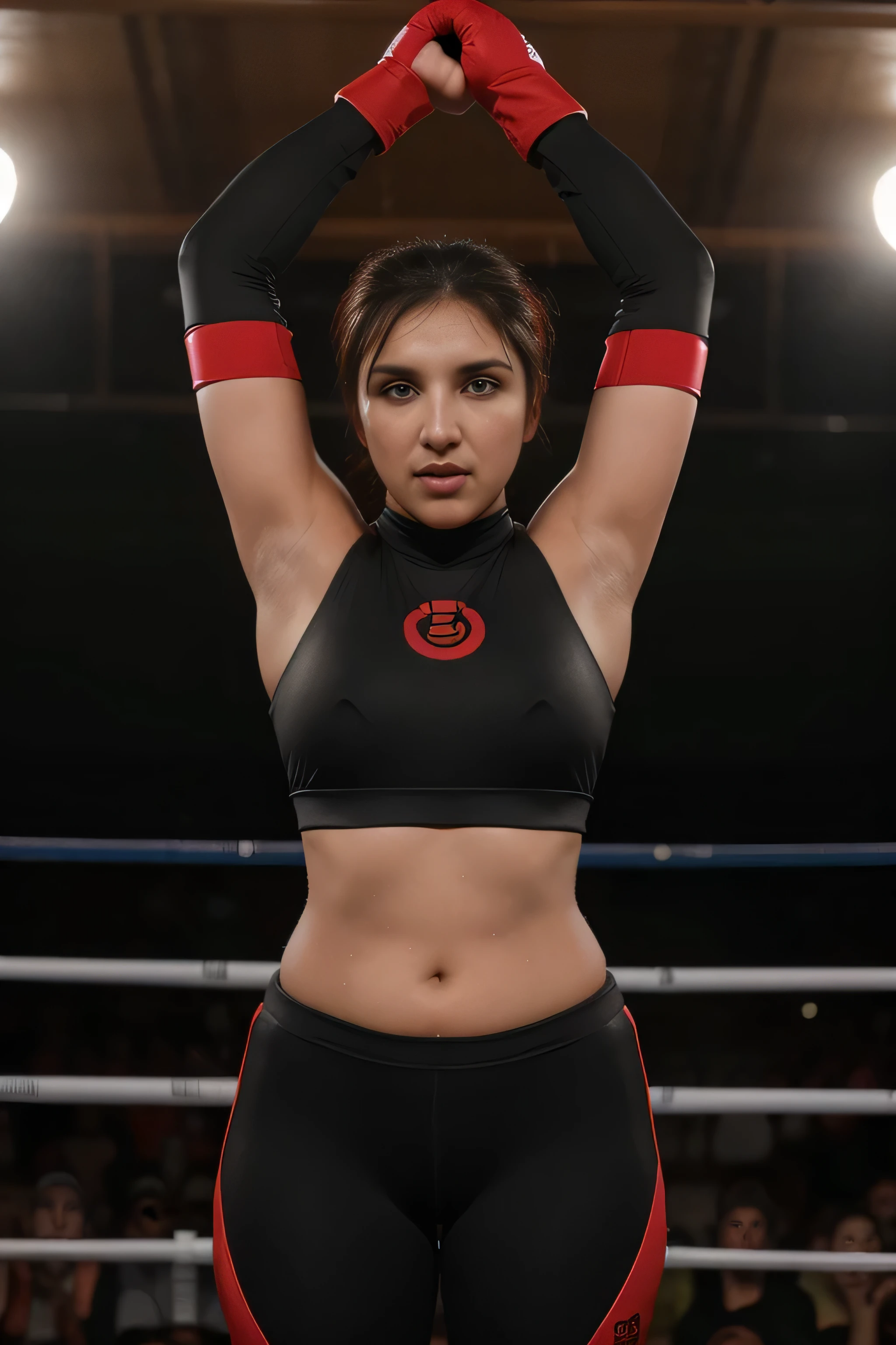 Looks like Parineeti Chopra,slightly chubby,wearing black boxing gloves,black boxing gloves,boxing ring,sweaty,tired,exhausted,arms raised,both arms up,boxing gloves on both hands, intricate details, red outfit,(ArtStation:1.2),armpits,sweat,sweaty,sweaty armpits,arms up,showing armpits,awesome armpits,eyeroll,red outfit, red arm warmers,red arm bands,reddish arm warmers