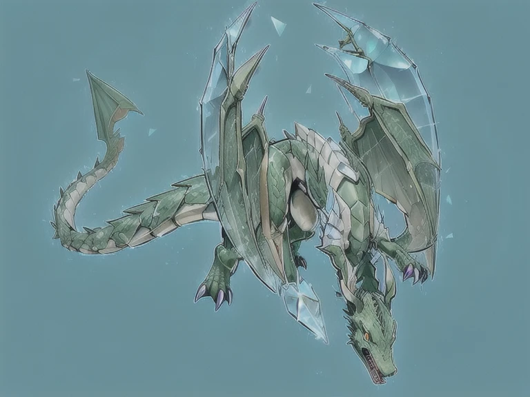 (yugioh style:1.5), yugioh monster, solo, (masterpiece, best quality:1.2), no human, solo, dragon, dragon wings, glass dragon wings, quadruped, white spikes, aqua background, green scales, pointy tail, white fangs, tail, spiritual dragon made of glass