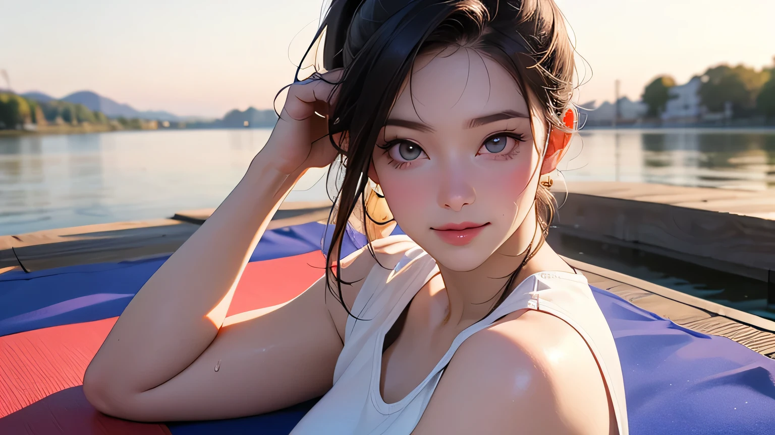 8k, highest quality, ultra high resolution, quality, ultra high resolution, single image, outdoor, detailed background, masterpiece, anatomically correct, detailed face, beautiful detailed face, 8k, masterpiece, highest quality, ultra High resolution, highest resolution, 1 female, solo, 1980s pop culture anime style, yoga pose, 21 years old, (masterpiece, high resolution, detailed) outdoor, Japanese, sweating, ponytail, big breasts (photorealistic): 1.4 ), ( Famous Japanese actress: 1.2), very beautiful, cute, professional photo, very delicate and beautiful, very detailed, very detailed beautiful girl, very detailed face, very detailed Eyes, very detailed skin, very detailed fingers, very detailed nose, very detailed mouth, perfect anatomy, realistic body, fair skin, shiny skin, slender body, good figure, looking at camera , Smile, Cute laughing face, Professional lighting, Top of head, Hands above head, Showing armpits, Yoga pose, Small face, White skin, Beautiful eyes, Highlights: 1.2), Beautiful legs, ( Detailed face and iace:1 2), Almond eyes, (Ponytail), (Oval face: 1.4), (Realistic skin texture, Realistic)), ((Detailed face, Round face contour, Yoga wear, tops, yoga pants, white yoga leggings), (yoga beauty sitting on a yoga mat by the lake), sunrise, canon 6d, perfect body, sweat legs, wet clothes,, focus on the face, navel, smile, big eyes , excellent anatomy, realistic light and shadow, sweating,