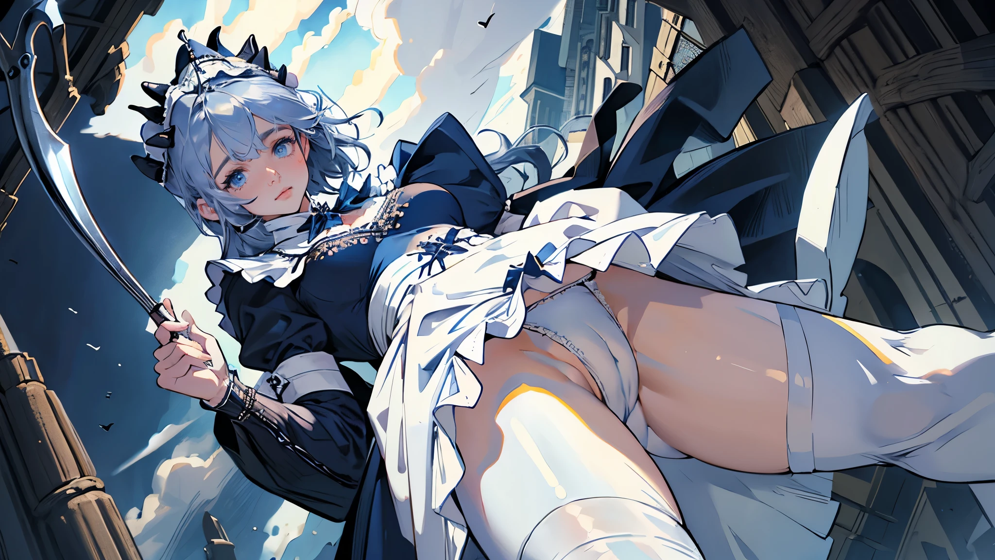 masterpiece, ultra detailed, 8k portrait, RAW photo, portrait photography, highly detailed face, beautiful and meticulous eyes, dark blue hair, long hair, blue eyes, white hair ribbon, (dark blue French maid costume:1.5), white tights, half boots, spread legs, standing, (holding a giant sickle:1.5), by the old castle, in mid night, from below, (cameltoe:1.5)