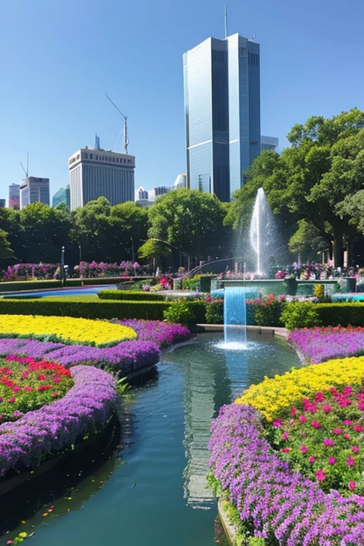 blue sky、Colorful flower beds、The water in the fountain sparkles in the sunlight。The skyscrapers visible in the background、