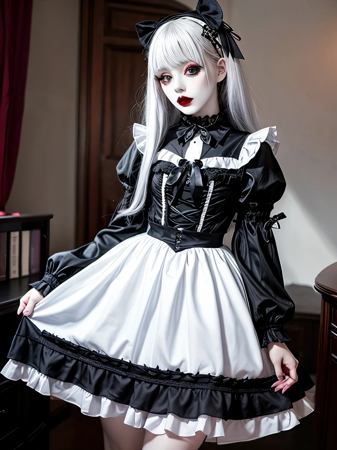 ((Masterpiece, best quality)), GothGal, goth, black lips, pale skin,
wearing a GothGal outfi, woman, adult, bedroom,
dress, tall,
ribbon,
frills,