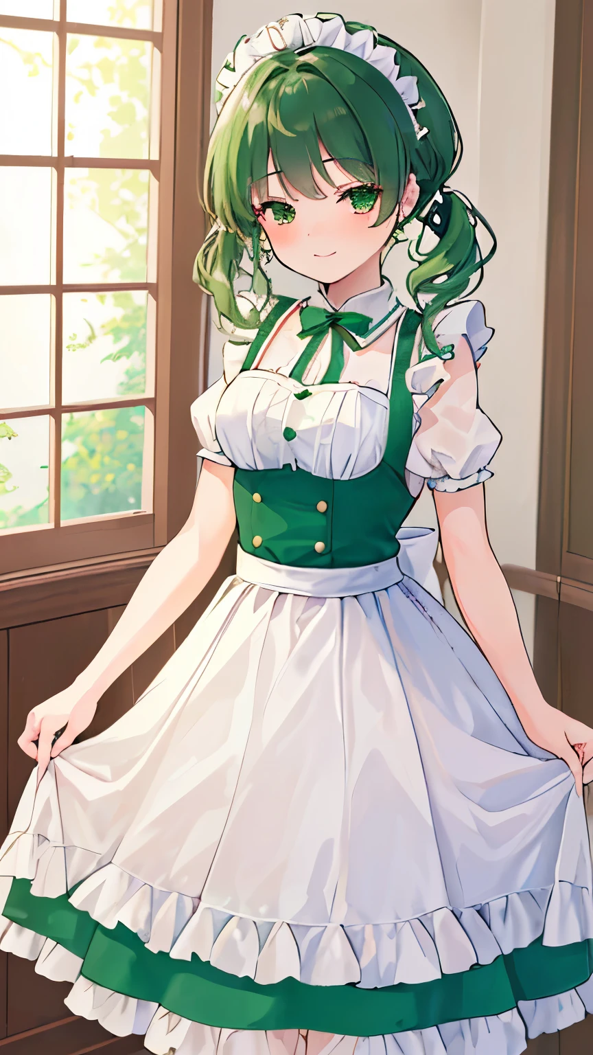 (((masterpiece, highest quality, High resolution,8k))),(((beautiful girl))),whole body,green eye,Two knots,low twin tail,medium breasts:1.5,medium hair,classical Maid,long dress,(((curtsey))),rift skirt:1.4,smile with closed eyes,