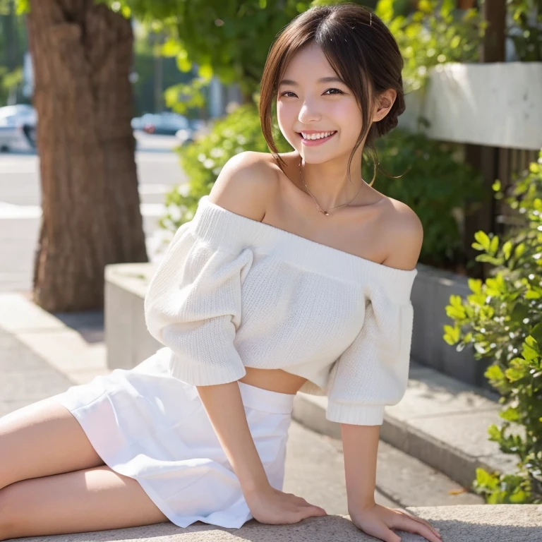 White panties are visible under the skirt、A Japanese girl smiling happily、Off the shoulder、mini skirt、