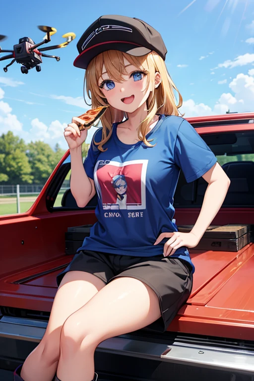 Anime Art、Full body portrait、Shadowrun、Future SF delivery guy、An adult woman, about 170cm tall, around 38 years old, wearing a T-shirt, jacket and shorts, sitting on top of a pickup truck and eating pizza.、Short, medium length, curly blonde hair、Laughing with mouth open、Blue Eyes、Wearing a cap cap、sports boots、There are drones flying around