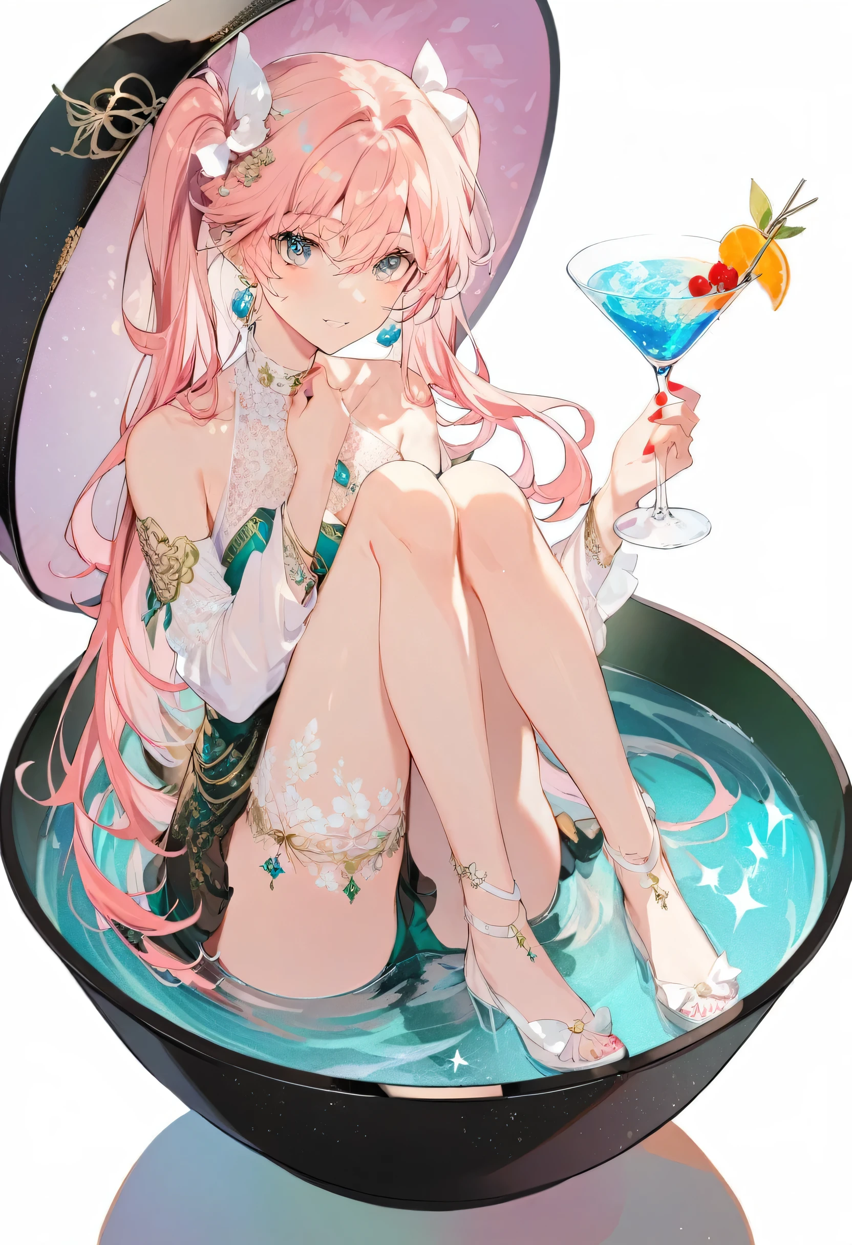 1 Girl, In a container,  cocktail glass,  whole body,close_up