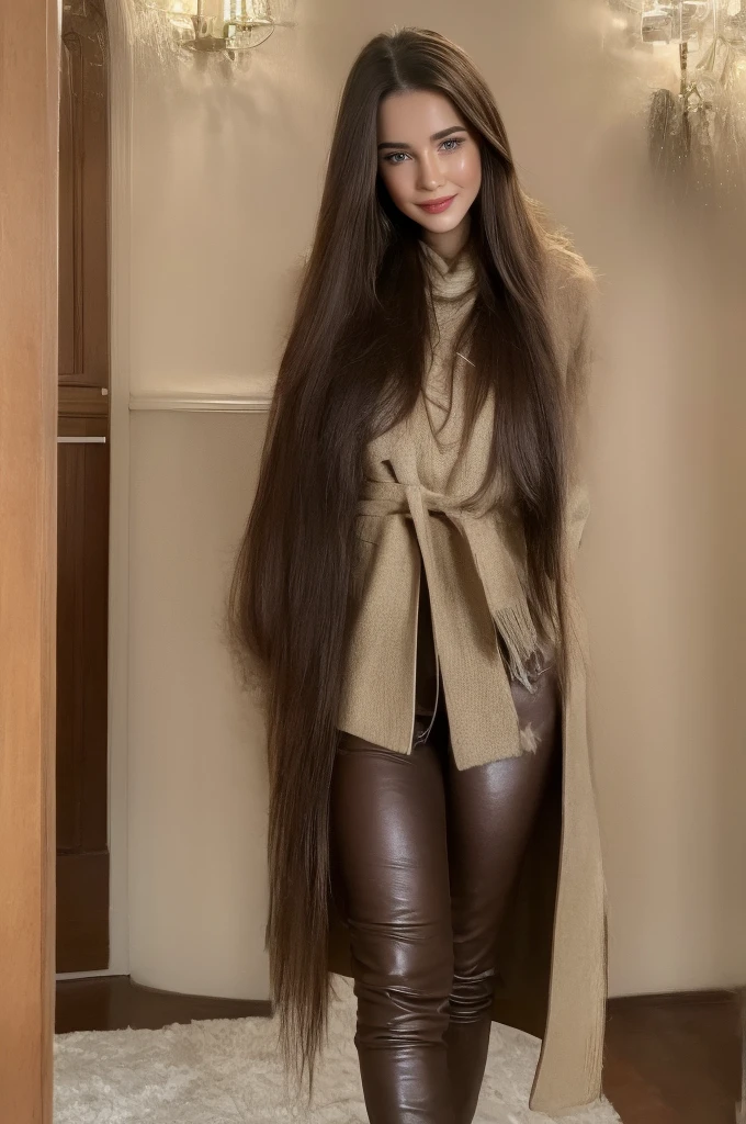 Professional photograph, best quality, 8K, hyper detailed, full body, A close up portrait of a Gorgeous, pretty, warm-hearted, kind-hearted, good-hearted, stunning, cheerful, sweet, polite, sensitive, sensible, shiny, charming, alluring, dreamy, graceful, majestic, classy, stylish, flowing super long brown haired argentinian woman. Flowing hair, silky hair, glowing hair, ethereal argentinian beauty, exotic argentinian beauty, timeless argentinian beauty, dream argentinian beauty. She has the cutest face, beaming countenance, fair porcelain skin, soft make-up, red lipstick, she is wearing a double breated black leather trench coat, skinny trousers, scarf, gloves and boots. She's glad, happy, cheerful, joyful, angelical face, angelical beauty.