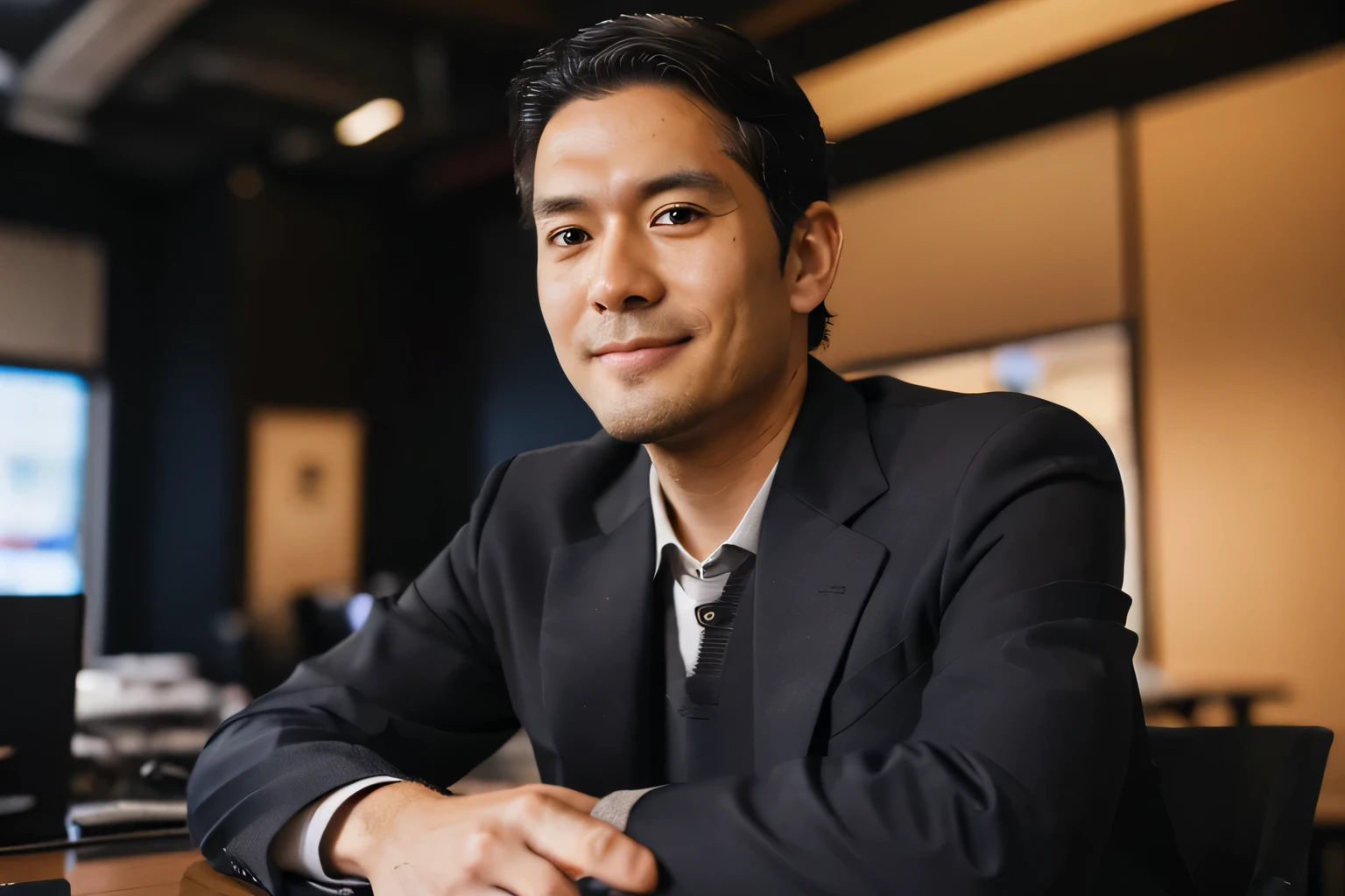 ((looking away)), wide shot, side shot, realism, ((Arms crossed)), From the waist up, 8k Full Length Portrait, Handsome Japanese man, 40-year-old male, Attractive look, Detailed facial details, ((Beardless)), office, Shibuya Background, short hair, smile, (( business suit))