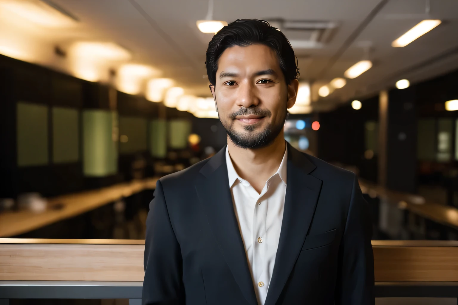 ((looking away)), wide shot, realism, ((Arms crossed)), From the waist up, 8k Full Length Portrait, Handsome Japanese man, 40-year-old male, Attractive look, Detailed facial details, ((Beardless)), office, Shibuya Background, short hair, smile, (( business suit))