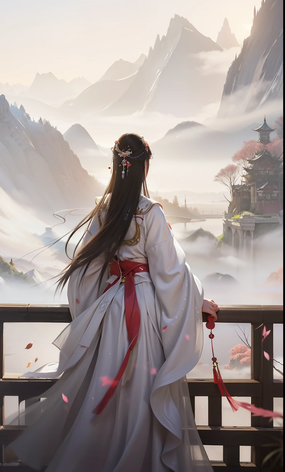 Anime girl in white dress looking out over the mountains, palace , Girl wearing Hanfu, Long flowing hair and robes, author:Yang Jie, Beautiful character painting, Ross Chen. Landscape background, Flowing white robe, Chinese Fantasy, alice x. open, Fantasy art style, White Hanfu, Guviz-style artwork